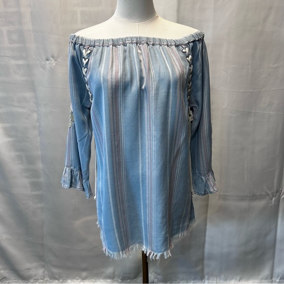 Blue & Pink Striped Off-Shoulder Embroidered Peasant Hippie Lace Up Blouse Sz S - Picture 4 of 9